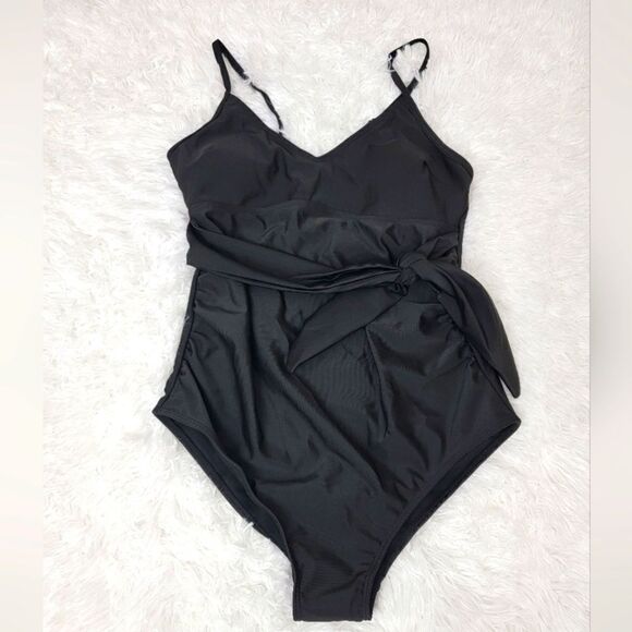 Belted Bathing Suit Solid Black V Neck One Piece Swimsuit Tummy Control Size S - Picture 1 of 7